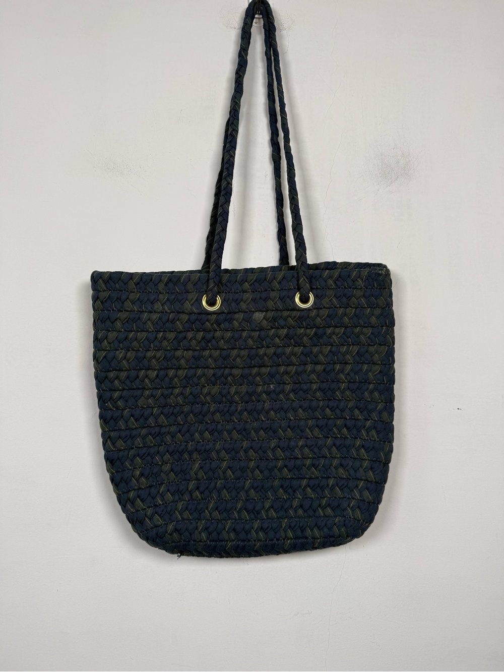 Vintage Longaberger Navy Basket Weave Cloth Tote Bag Shoulder Purse Handcrafted